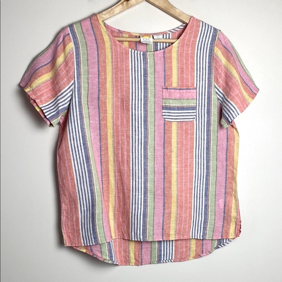 C&C California Rainbow Stripe Linen Blouse Colorful Short Sleeve Top Size M - Picture 8 of 8